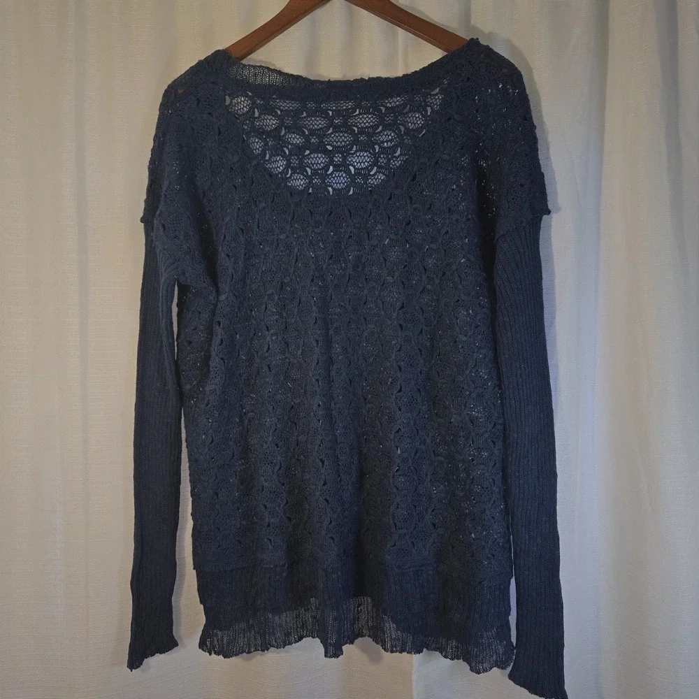 Free People‎ Navy Blue Lace Knit Sweater Crochet Boho Festival Long Sleeve